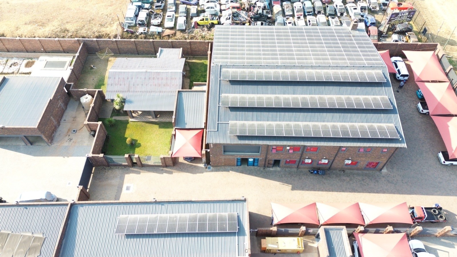 Solar panel cleaning project — Industrial park, aerial view