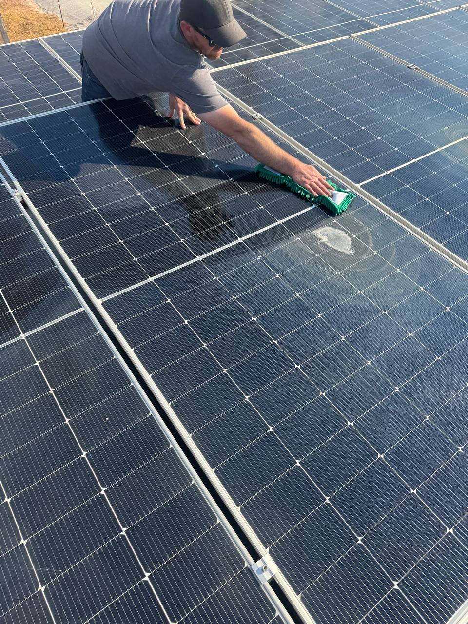 Solar panel cleaning project — Soft-brush clean, close up